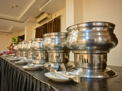 Buffet vessels laid out for dining at the hotel