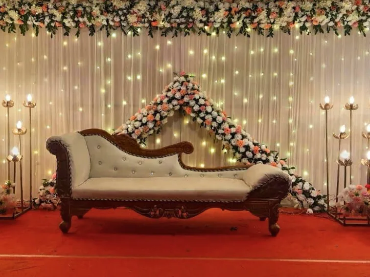 Decorated stage set for a wedding function